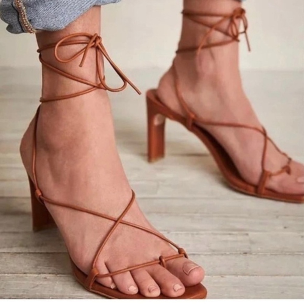 ALOHAS Tan Strappy Lace-Up Block Heel Sandals